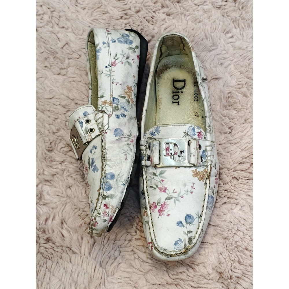 Christian Dior Floral Leather Driving Loafers White Silver Logo Hardware Size 37